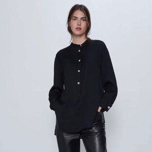 ‼️SOLD‼️NWT Zara Black Mandarin Collar Tunic Blouse Split Hem She’ll Buttons XS
